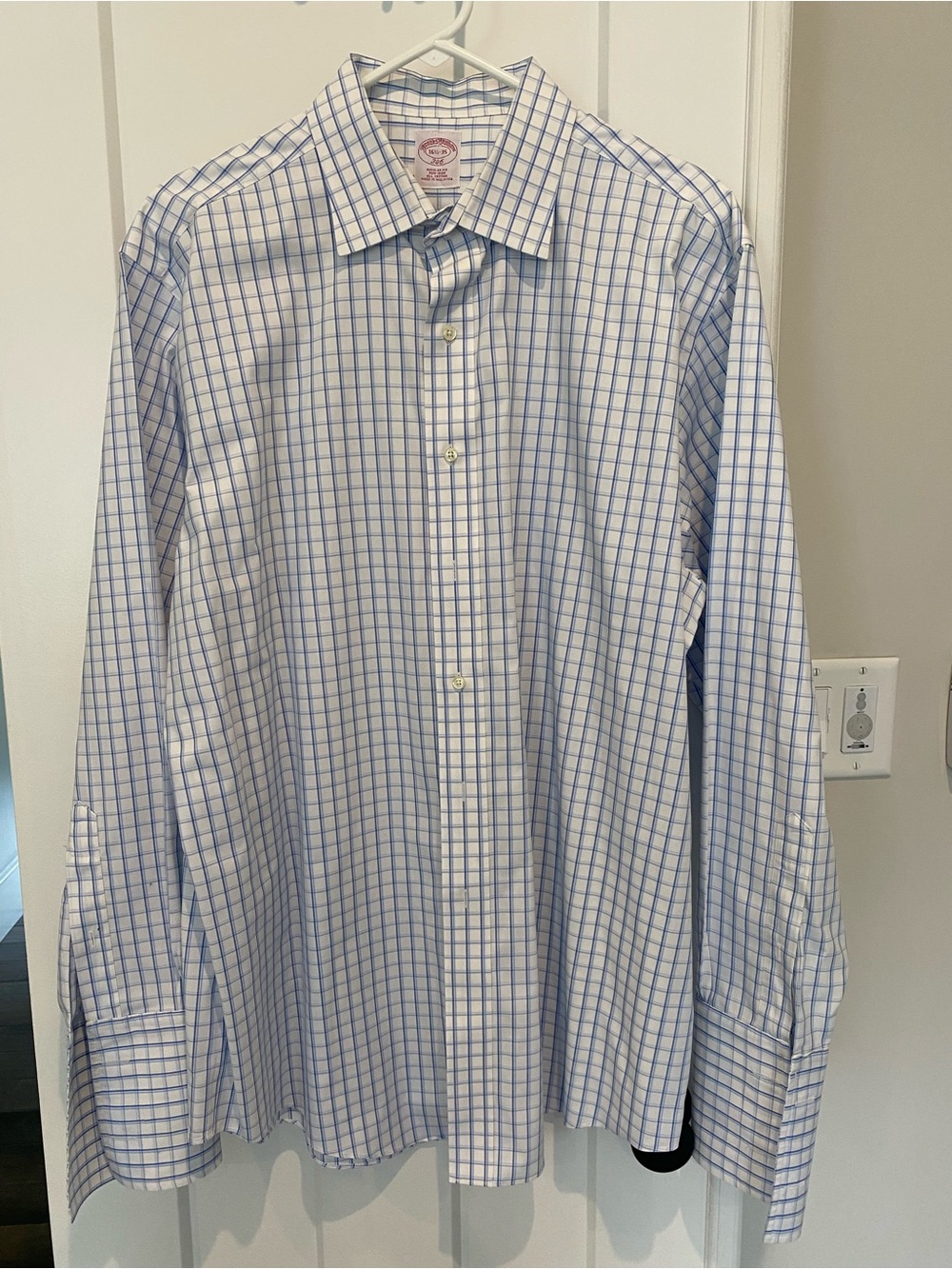 Brooks Brothers French Cuff White Dress Shirt with Blue Windowpane Check